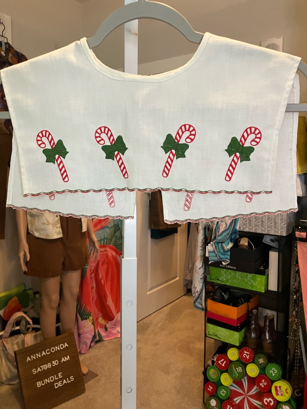 Hand Crafted White Kids Collar with Red & Green Candy Cane Applique